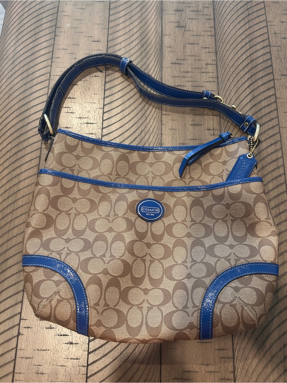 Coach Brown Signature Jacquard Hobo with patent Blue Trim